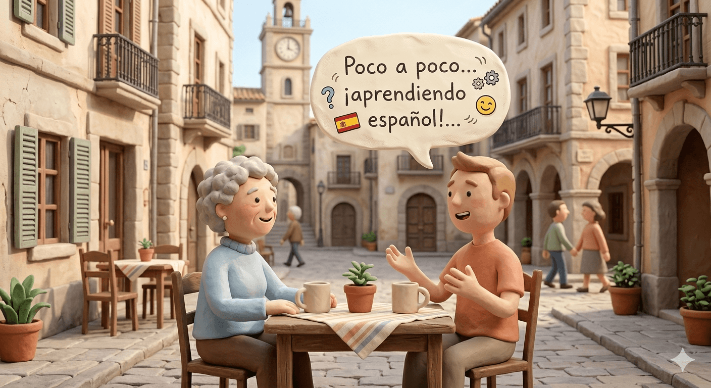 Two people conversing in a Spanish plaza